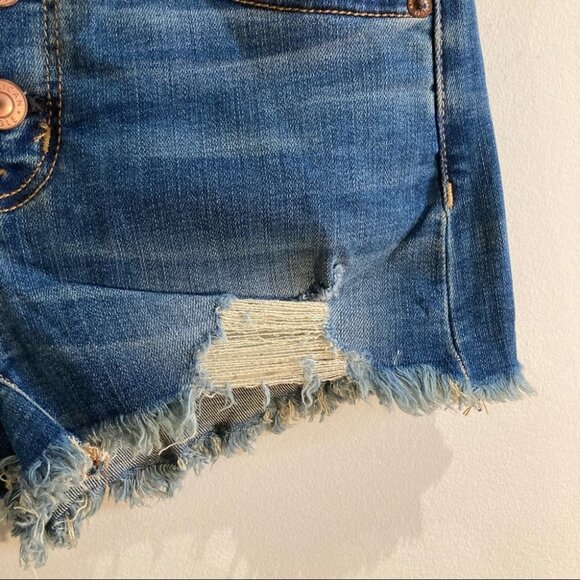 AMERICAN EAGLE Sz 2 High Rise Shortie Distressed Super Stretch Button Fly Shorts - Picture 3 of 13